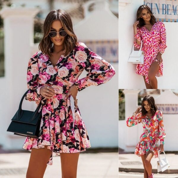 Women's Long Sleeve V-Neck Floral Dress – Waist-Defined A-Line Skirt