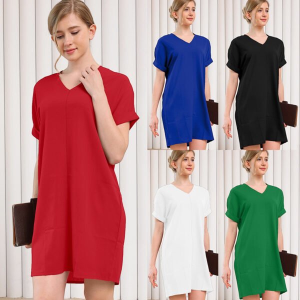 Casual V-Neck Short Sleeve Dress – Comfortable Commute Style