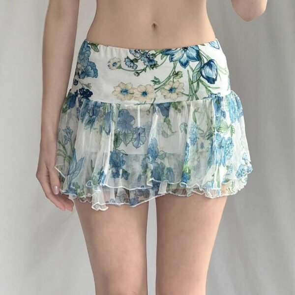 American Street Style Mesh Skirt with Floral Print – Irregular Hem & Bold Design