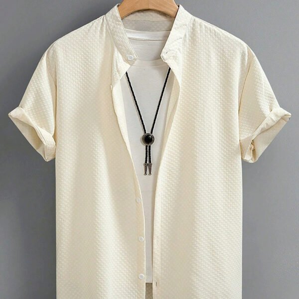 Men’s Summer Breathable Stand Collar Shirt – Loose Fit Solid Color Casual Top