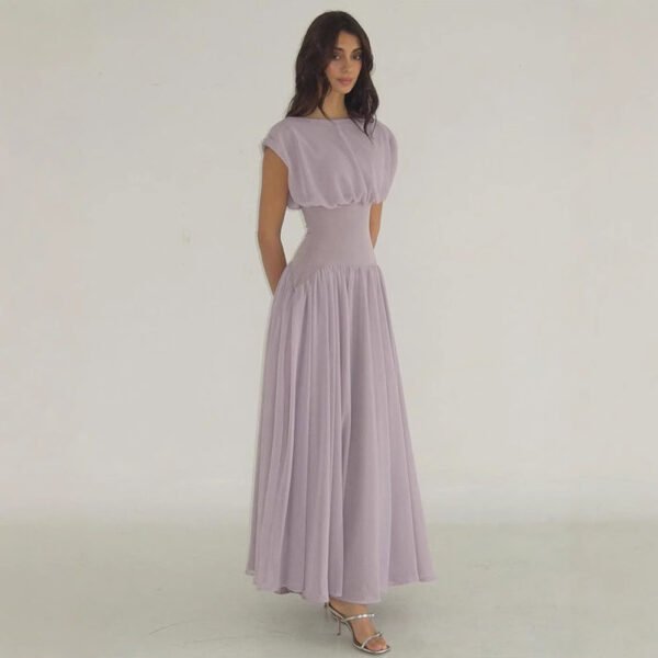 Women’s Purple Off-Neck Dress with Pleats and Mid Waist