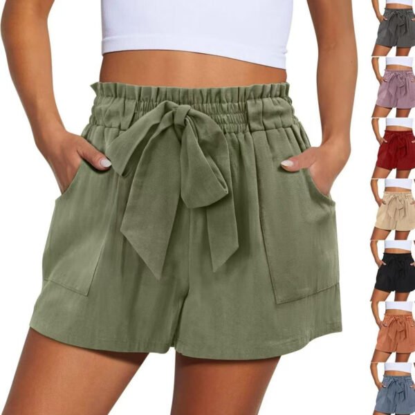 Summer Casual Women’s Shorts – Elastic Waist with Drawstring Knot, Lightweight Cotton-Linen Blend
