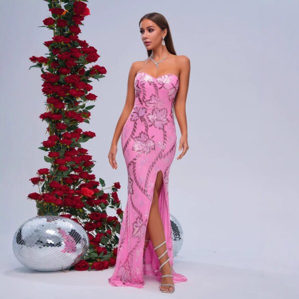 Pink Off-Shoulder Sequin Fishtail Gown – Elegant Wrapped Chest Evening Dress