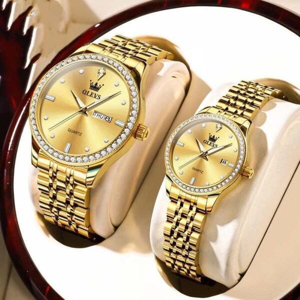 New Diamond-Embedded Waterproof Couple Watch – Business Style Quartz Set