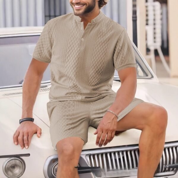 Men’s Summer Jacquard Check Short Sleeve T-Shirt & Shorts Set – Lightweight Casual Outfit