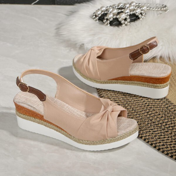 Women’s Apricot Bow Wedge Sandals – Comfortable Fish Mouth Rubber Sole Casual Shoes