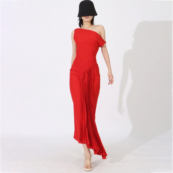Women’s Summer Shoulder Pleated Irregular Dinner Dress – High Waist, Sleeveless