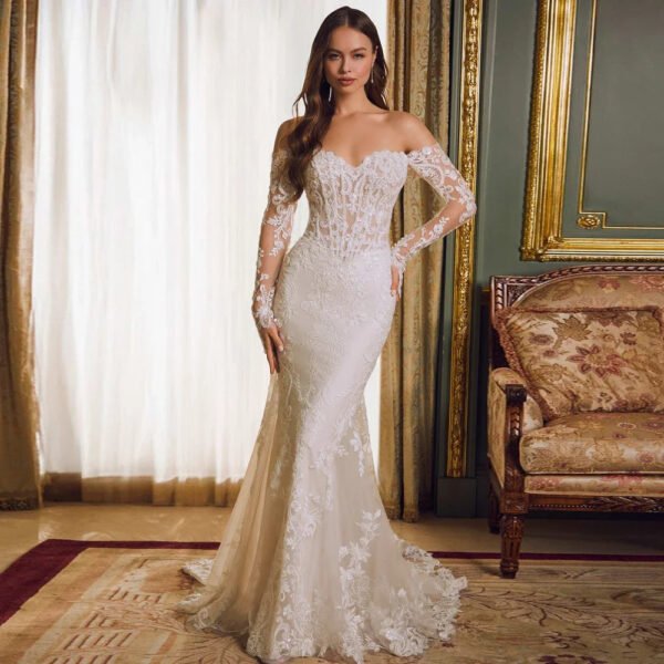 Ivory Lace Off-Shoulder Fishtail Gown with Long Sleeves
